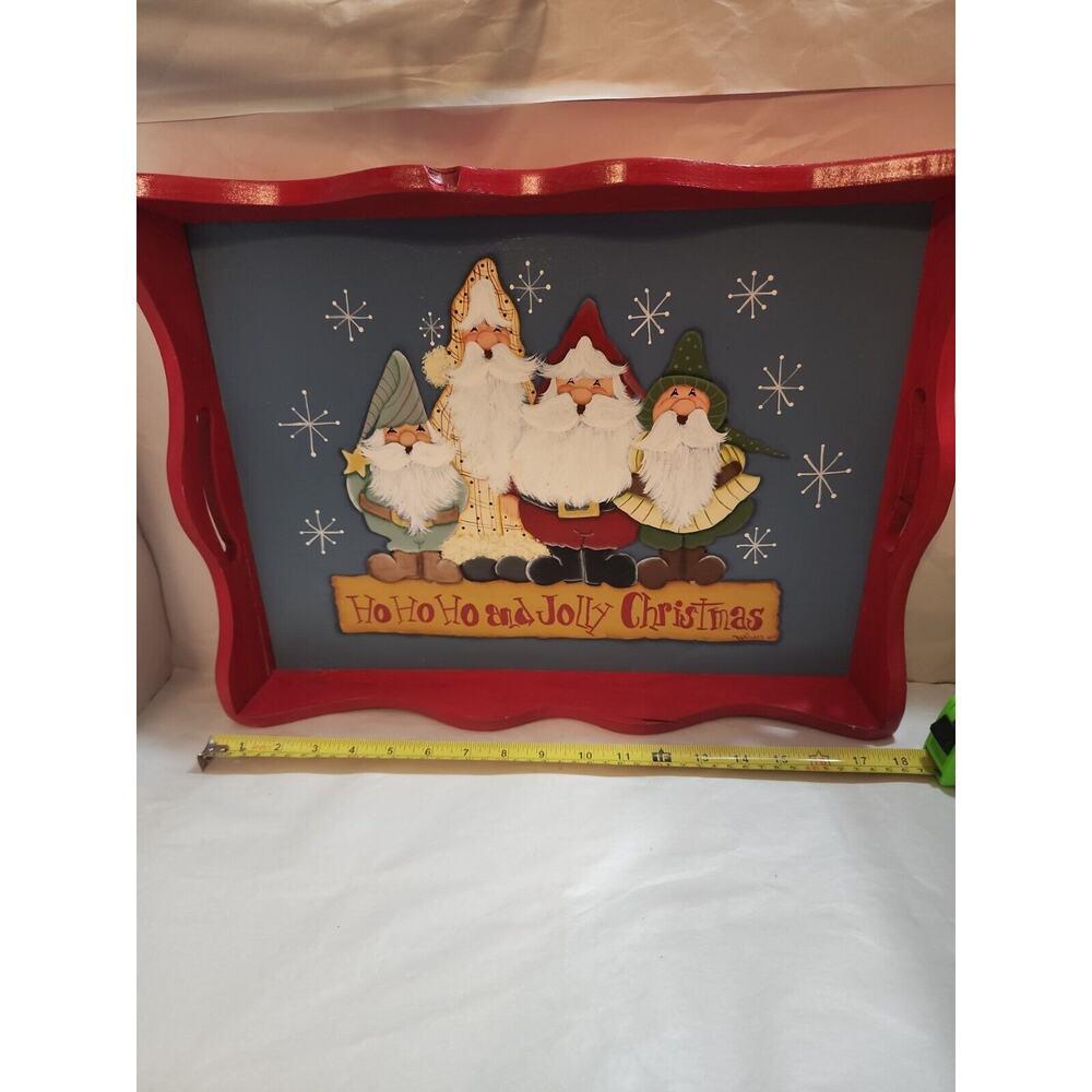 Christmas Hand Painted Large Wooden Serving Tray w/ Santas